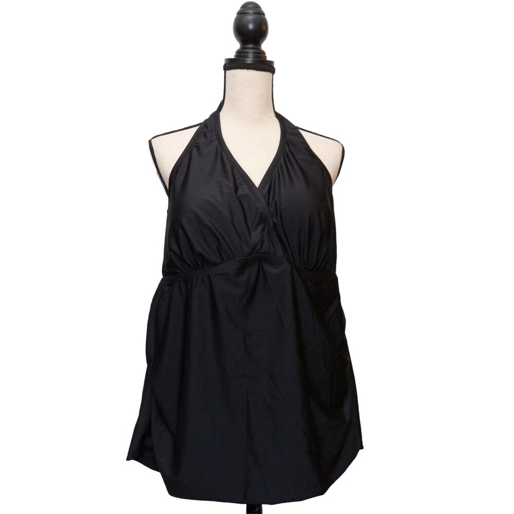 Tankini Swim Top‎ Island Escape Woman Plus Size 24W Black Halter Underwire